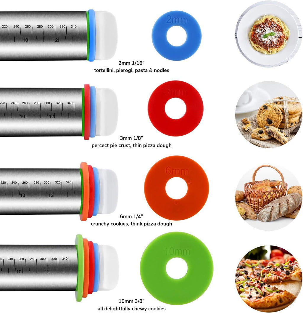 Rolling Pin and Pastry Baking Mat Set, Rolling Pins with Adjustable Thickness Rings, Stainless Steel Dough Roller for