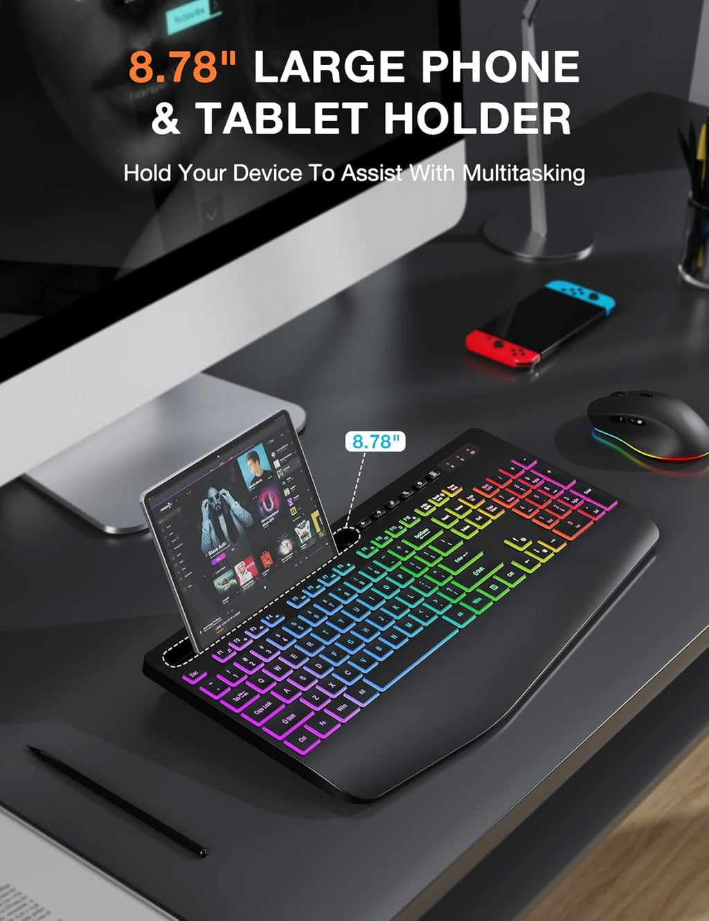 Wireless Keyboard and Mouse Combo - 9 Backlit Effects, 2.4GHz | Ergo Wrist Rest, Phone Holder, Full Size
