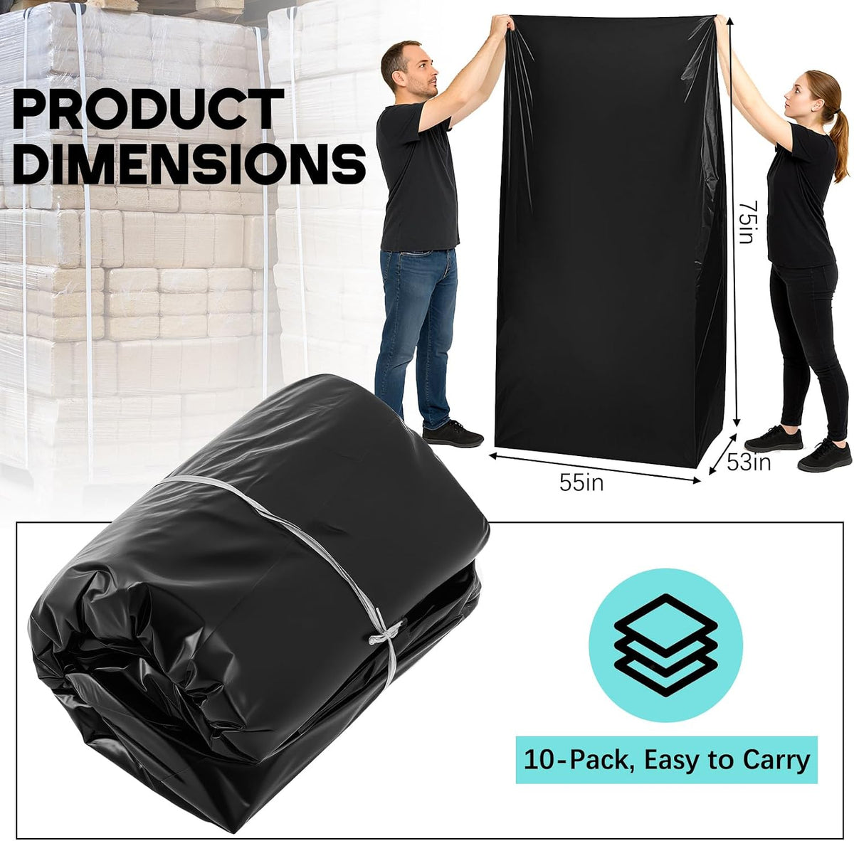 10 Pack Pallet Covers 55" X 53" X 75", 3 Mil Waterproof Bags