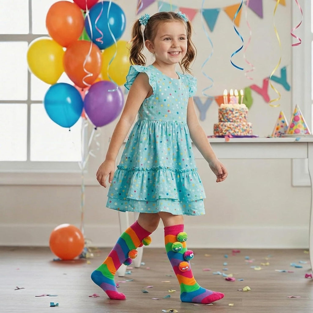 Crazy Socks for Kids Girls 3D Monster Pom Pom Rainbow Knee High Socks | Funny Novelty Wiggle Eye Monster Socks for