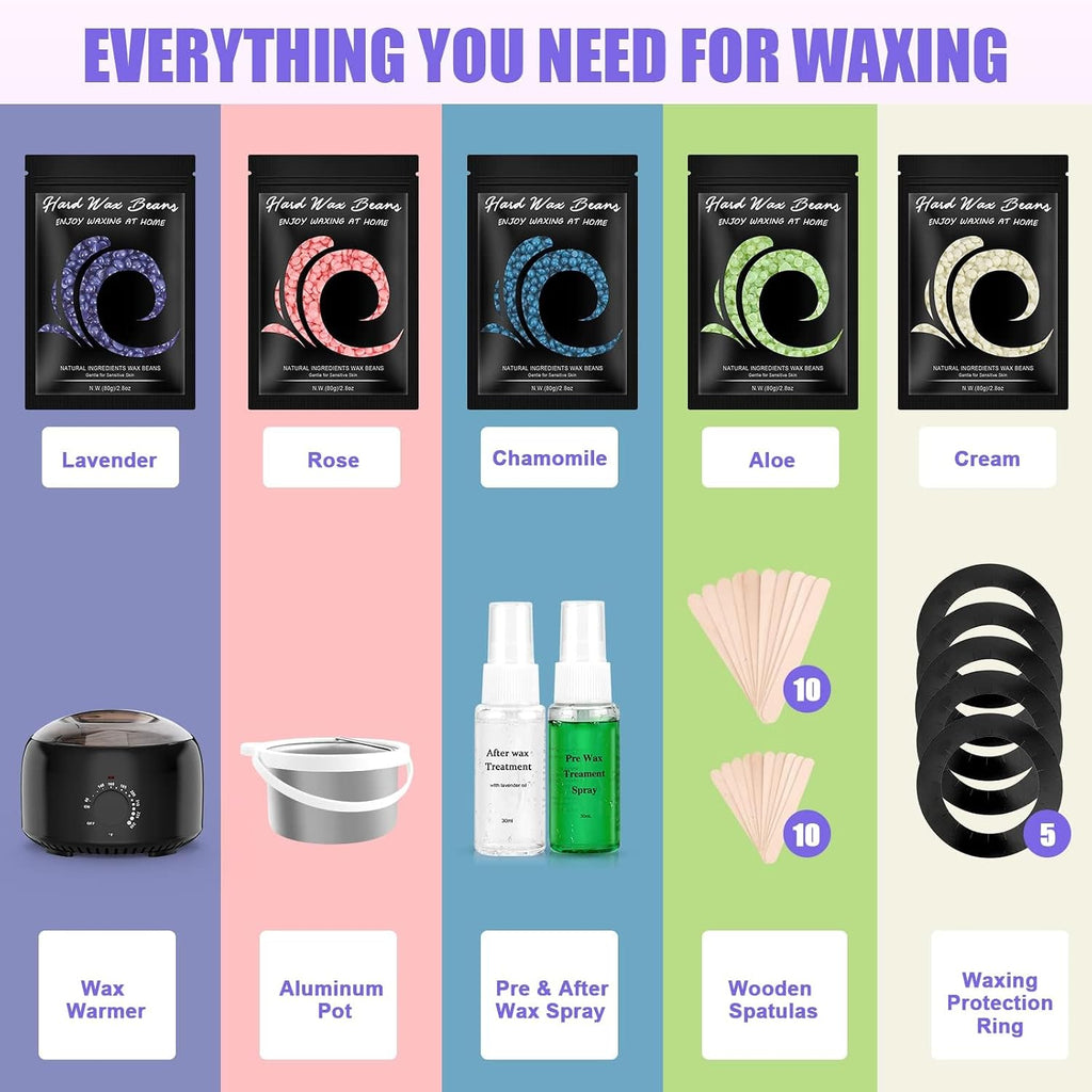 Waxing Kit - Wax Warmer for Hair Removal, Hard Wax Kit with 14oz 5 Bags Hard Wax Beans for Full Body, Legs, Face