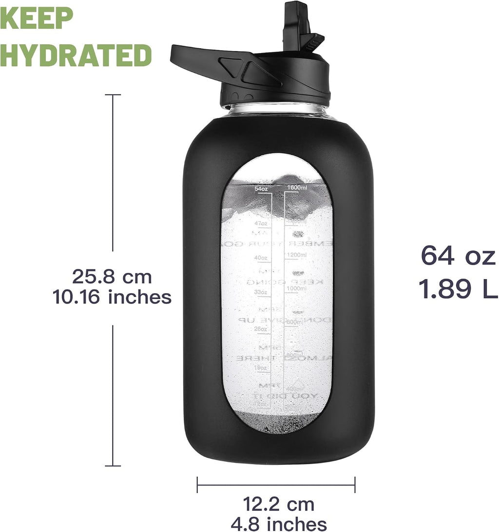 64 oz Glass Water Bottle with Straw and Insulated Bottle Holder | Half Gallon Motivational Water Jug with Time Marker