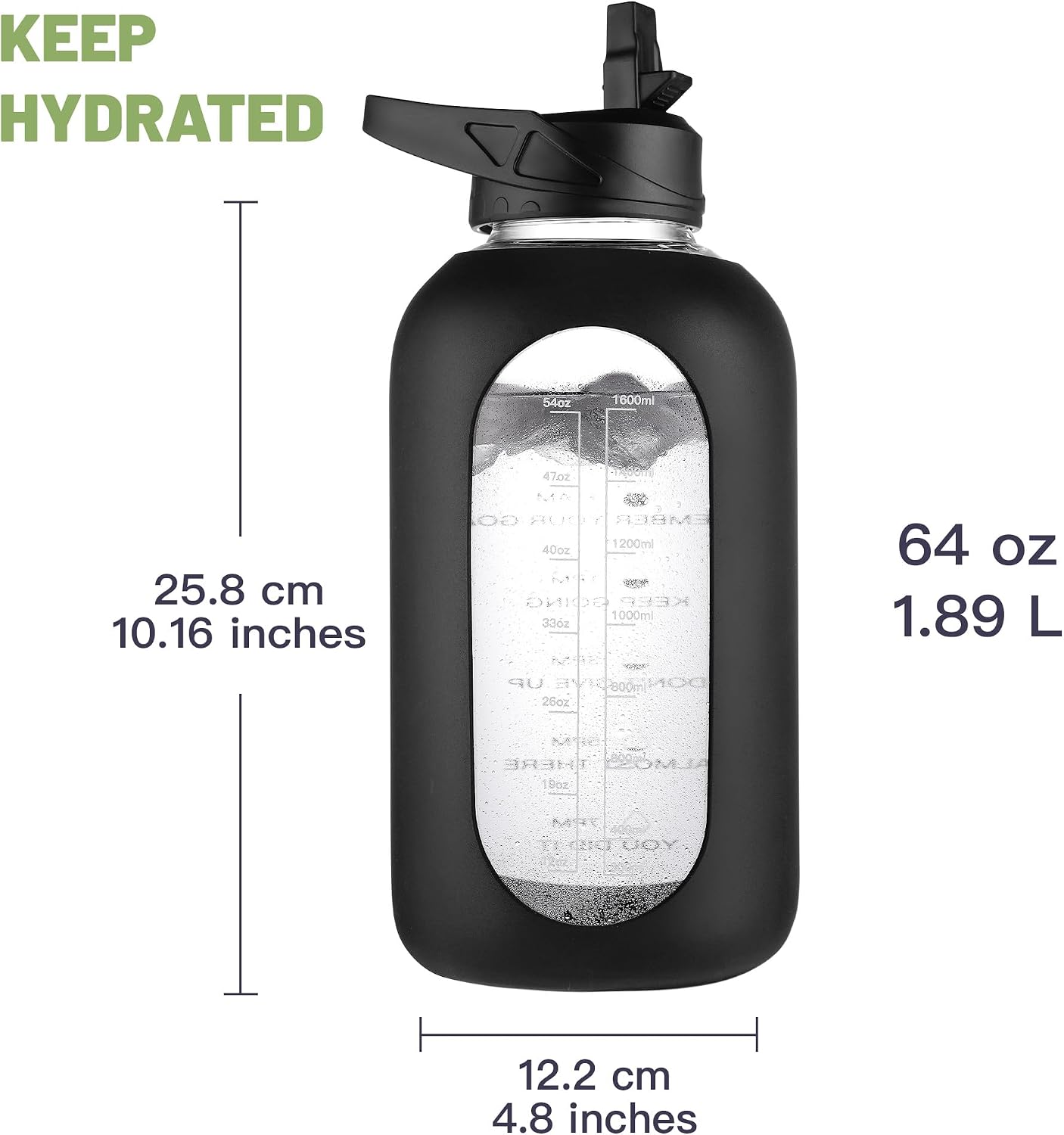 64 oz Glass Water Bottle with Straw and Insulated Bottle Holder | Half Gallon Motivational Water Jug with Time Marker
