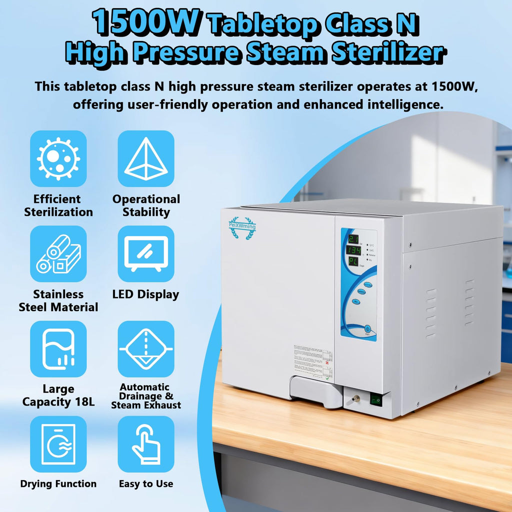 18L Autoclave Sterilizer with Drying Function, 1500W Tabletop Class N High Pressure Steam Sterilizer, 110V Autoclave