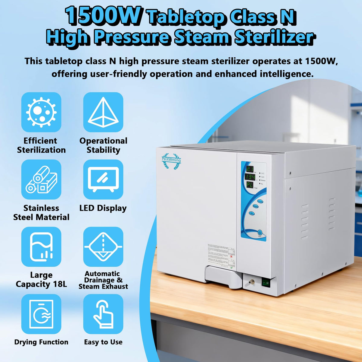 18L Autoclave Sterilizer with Drying Function, 1500W Tabletop Class N High Pressure Steam Sterilizer, 110V Autoclave