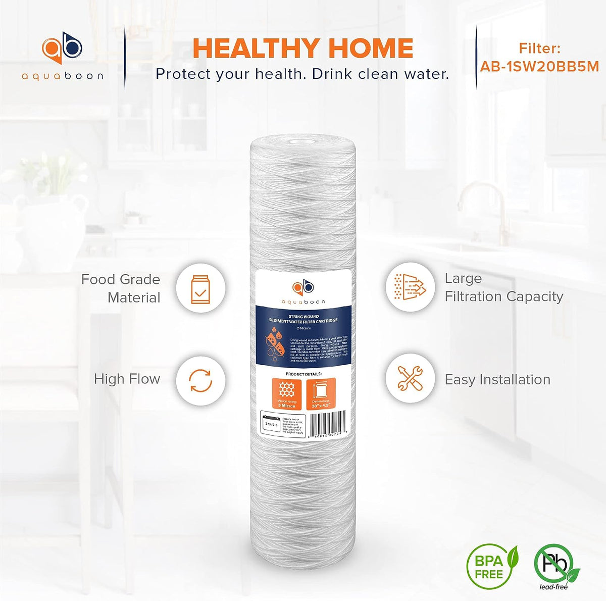 Aquaboon 5 Micron 20 x 4.5 Whole House String Wound Water Filter 2-Pack