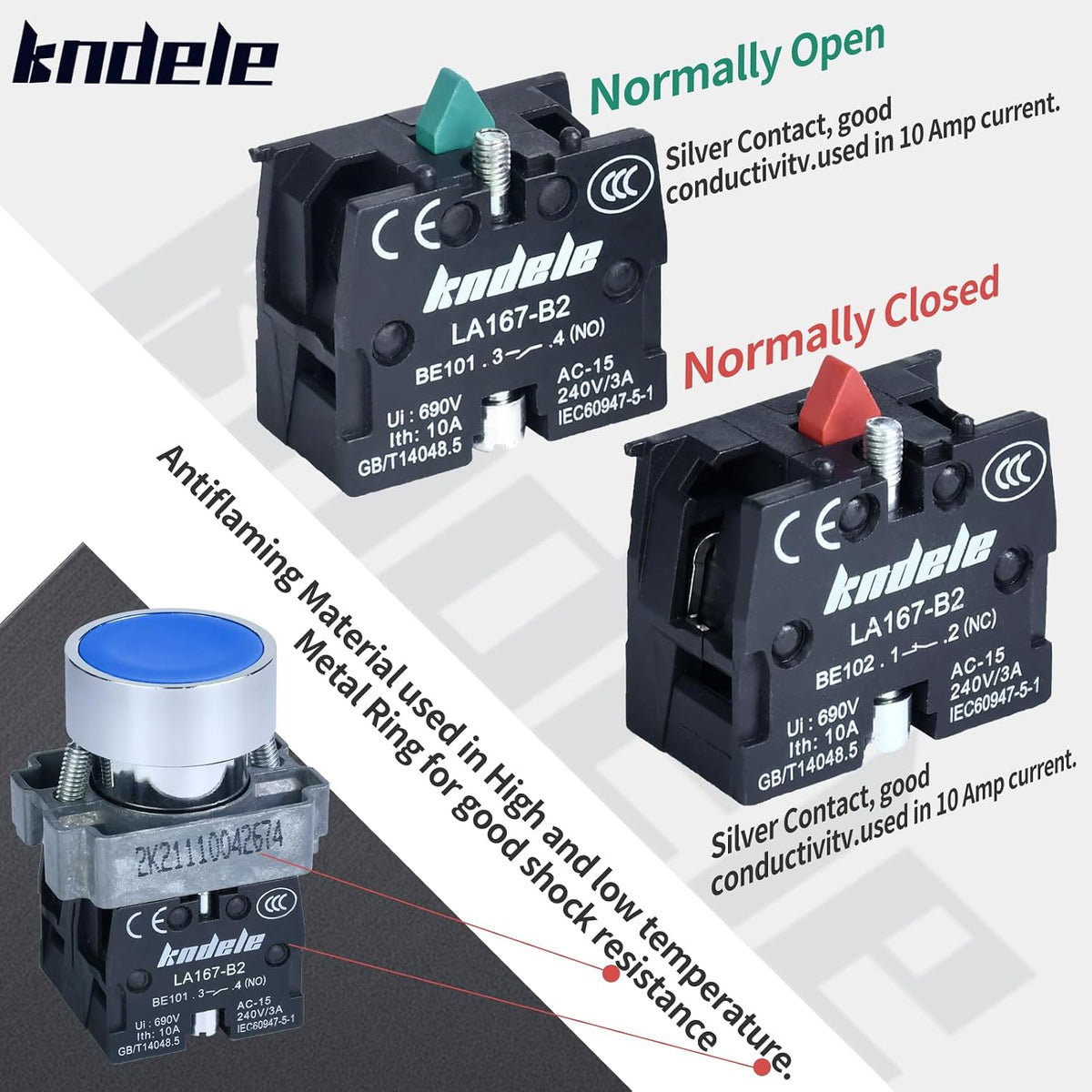 2Pcs 10Amp 22MM Momentary Push Button Switch Blue 1NO 1NC SPDT Metal Button IP65 Waterproof 7/8" Hole