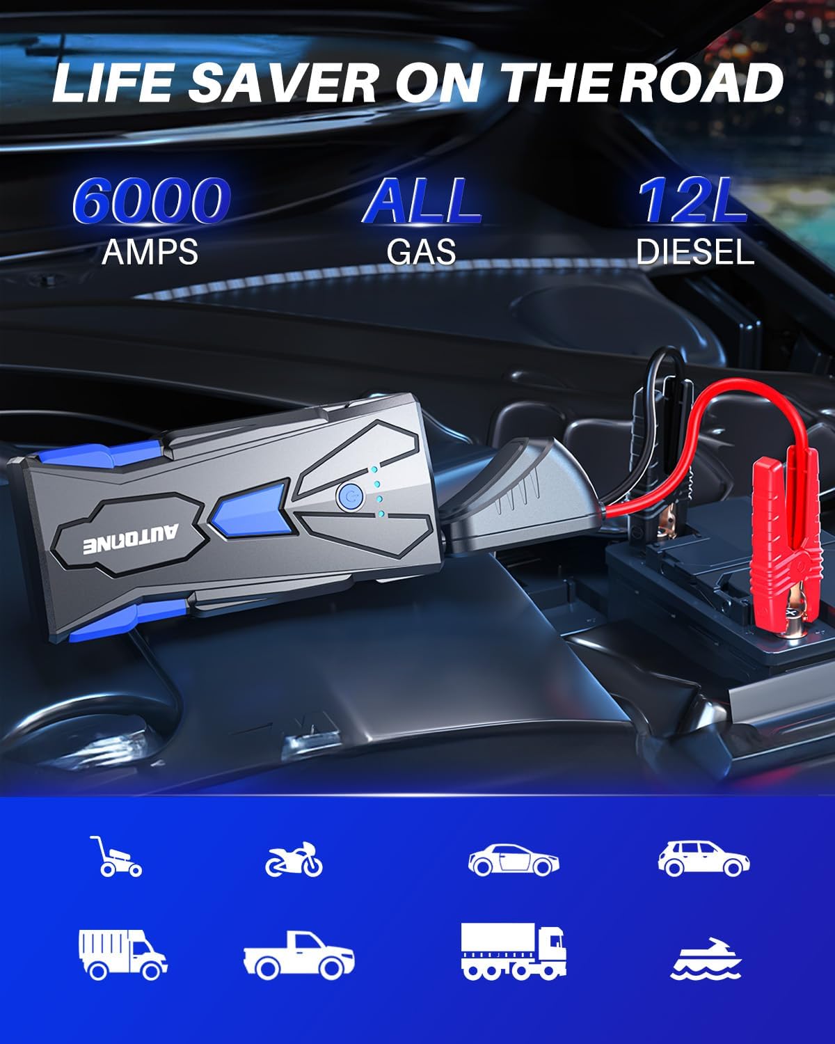 6000A Car Battery Jump Starter Up to All Gas & 12L Diesel Engine, Car Battery Jumper Starter Portable 12V Jump Box