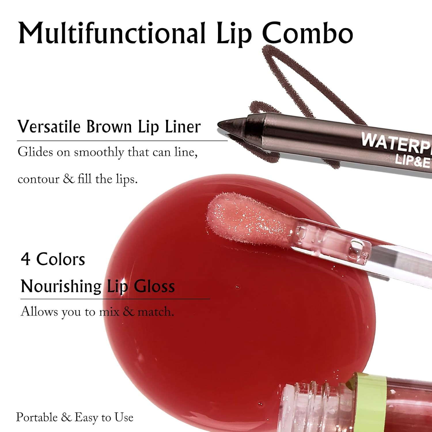 4 Colors Hydrating Lip Oil with Brown Lip Liner Set, Moisturizing Lip Combo High Pigmented Lightweight Glossy Liquid