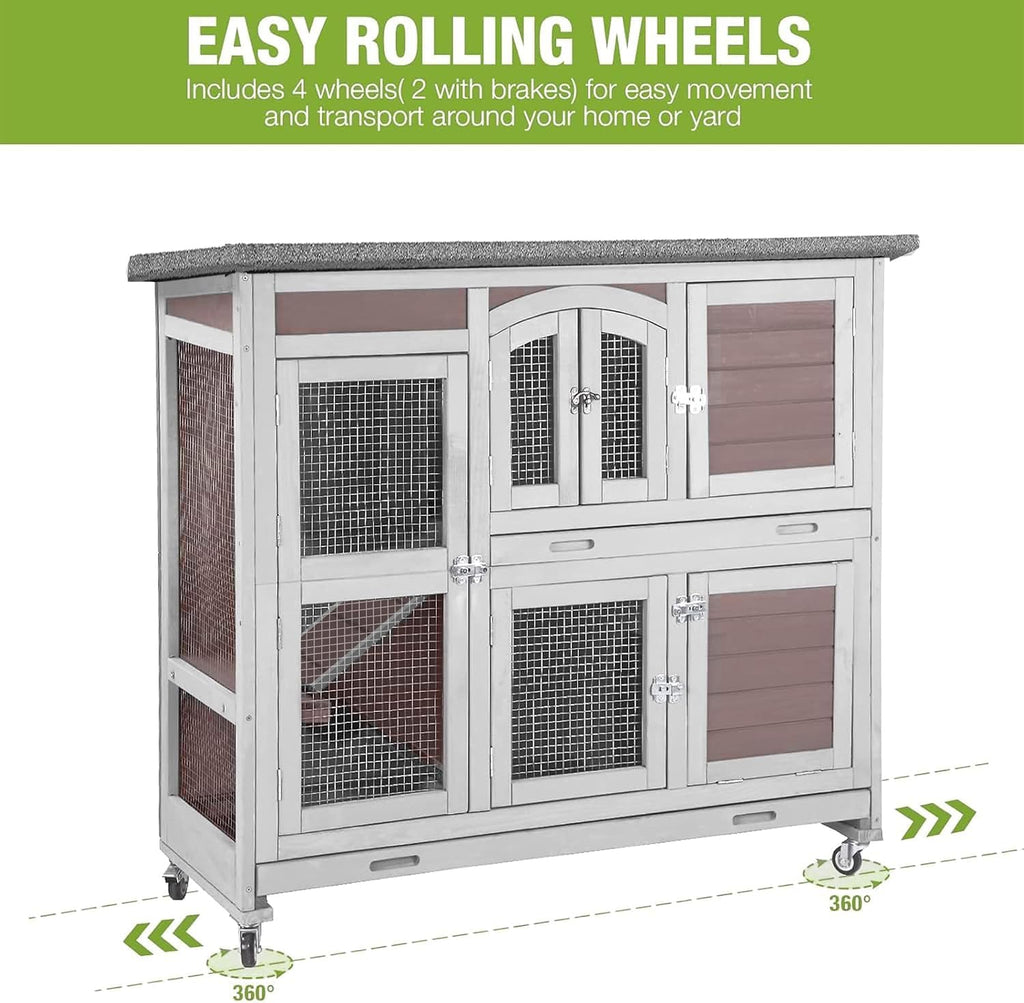 Guinea Pig Cage 2-Tier Indoor Outdoor Rabbit Hutch with Wheels, Leakproof Tray, Easy Clean Small Animal Habitat for