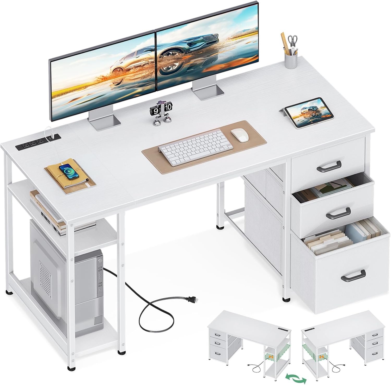 51 Inch Computer Desk with Drawers & USB Power Outlets - Reversible Home Office Desk with Storage Shelves, Work from