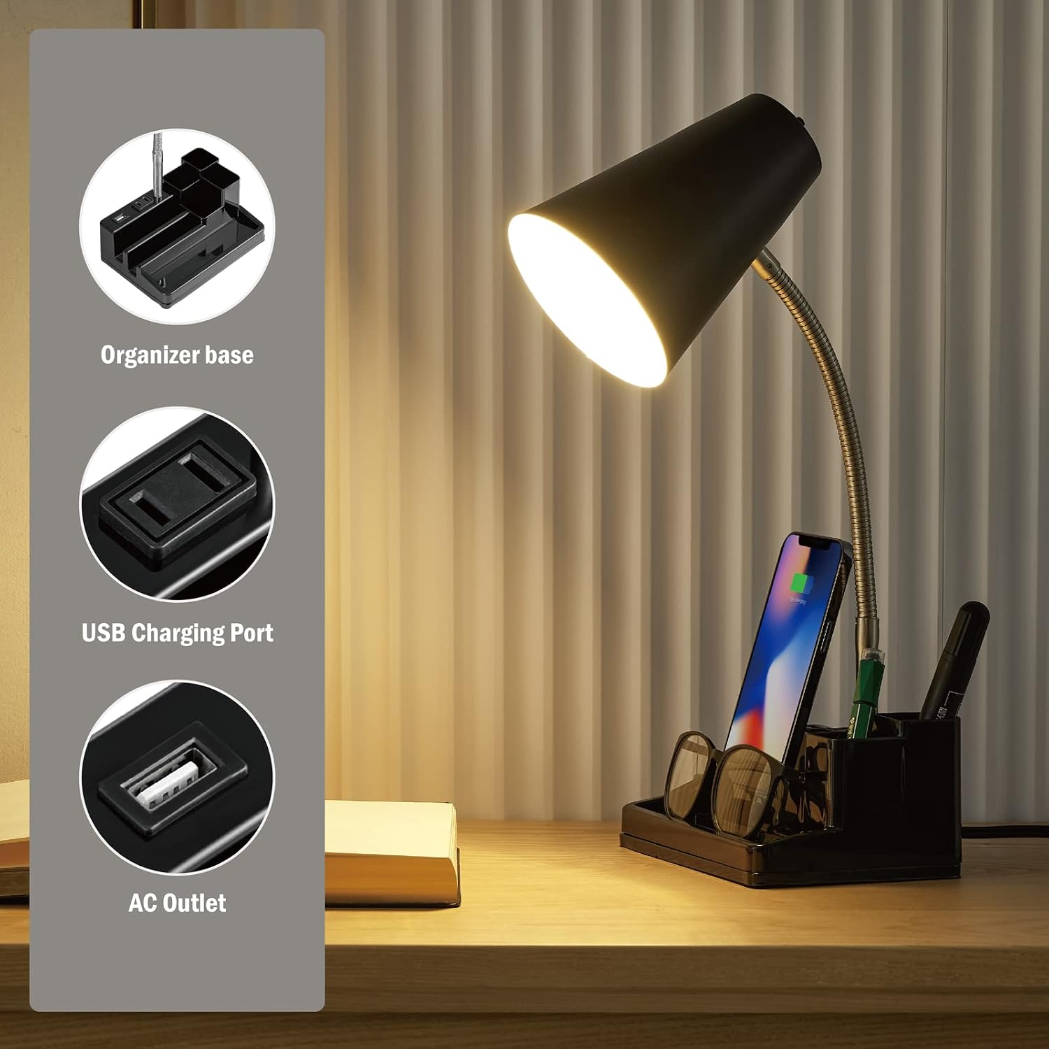 E26 Desk Lamp with 1 USB Charging Port and 1 AC Outlet, Organizer Base, Adjustable Neck, On/Off Switch, Modern Table