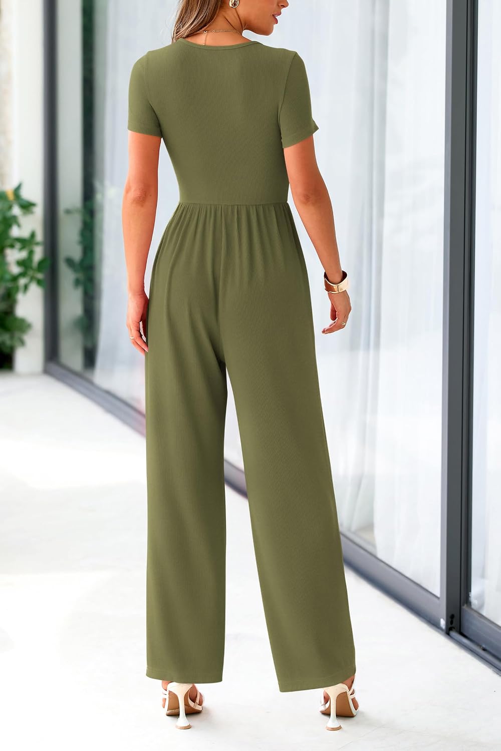 Women's Short Sleeve Wide Leg One Piece Jumpsuit