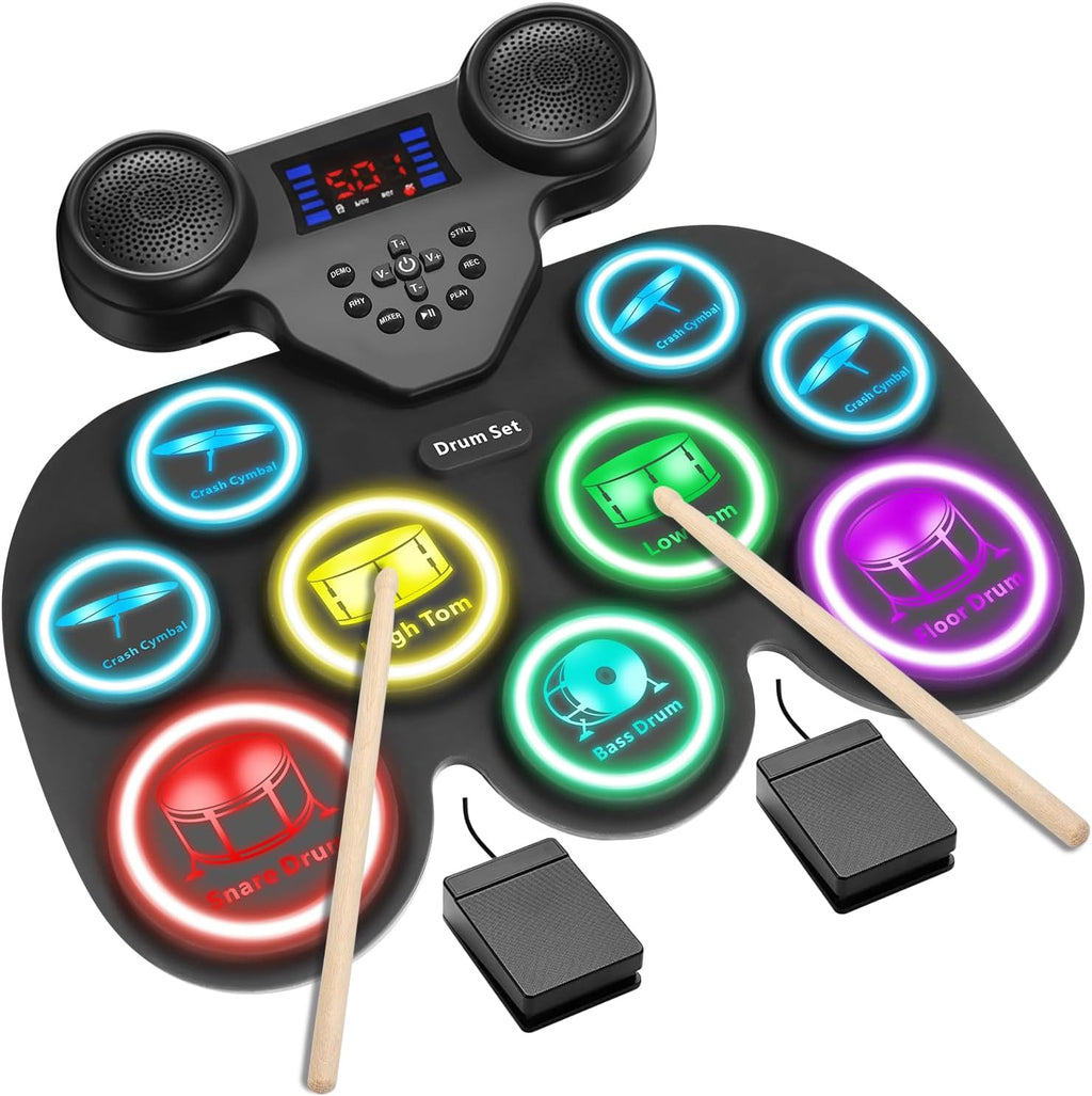 Electronic Drum Set with 7-Color LED Light Show on Strike, 9-Pad Electric Drums Set Bluetooth MIDI Support