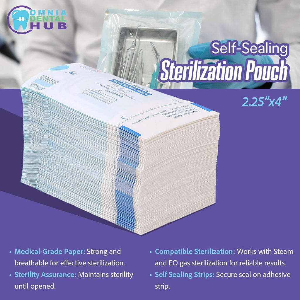 Omnia 200 Pcs Self Sealing Sterilization Pouches 2.25” x 4” | Dual Indicators Autoclave Sterilizer Bags for Dental