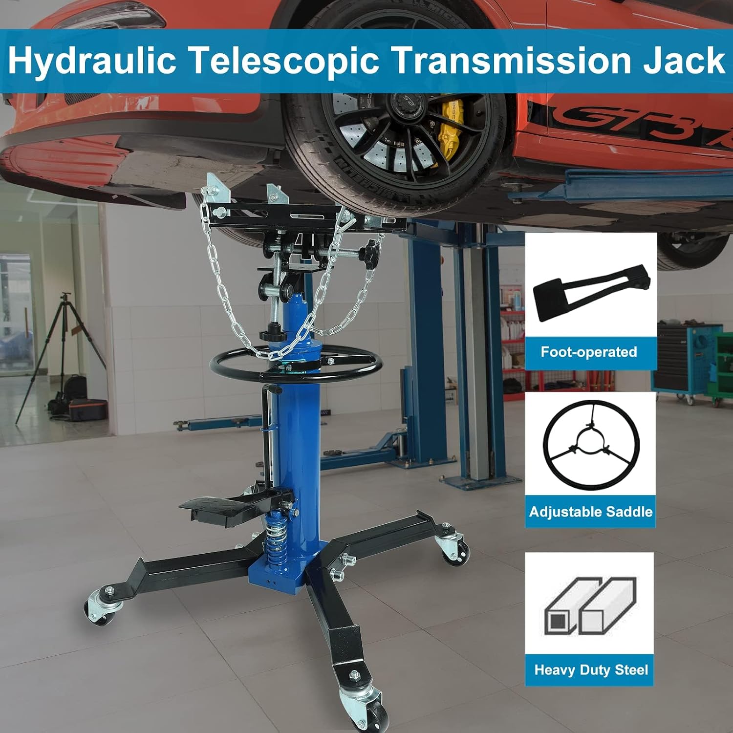 Transmission Jack, 1660lbs / 0.75 Ton 2 Stage Hydraulic Telescopic Jack with Foot Pedal, 35" - 72" Adjustable Height