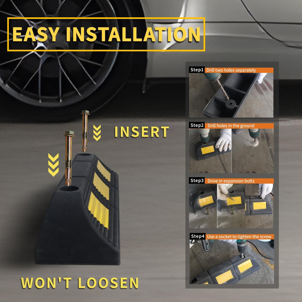 Heavy Duty Rubber Parking Stopper 2 Pack | 17.2"x4.6"x3.5" High Visibility Tire Parking Blocks with Bolt Mounting