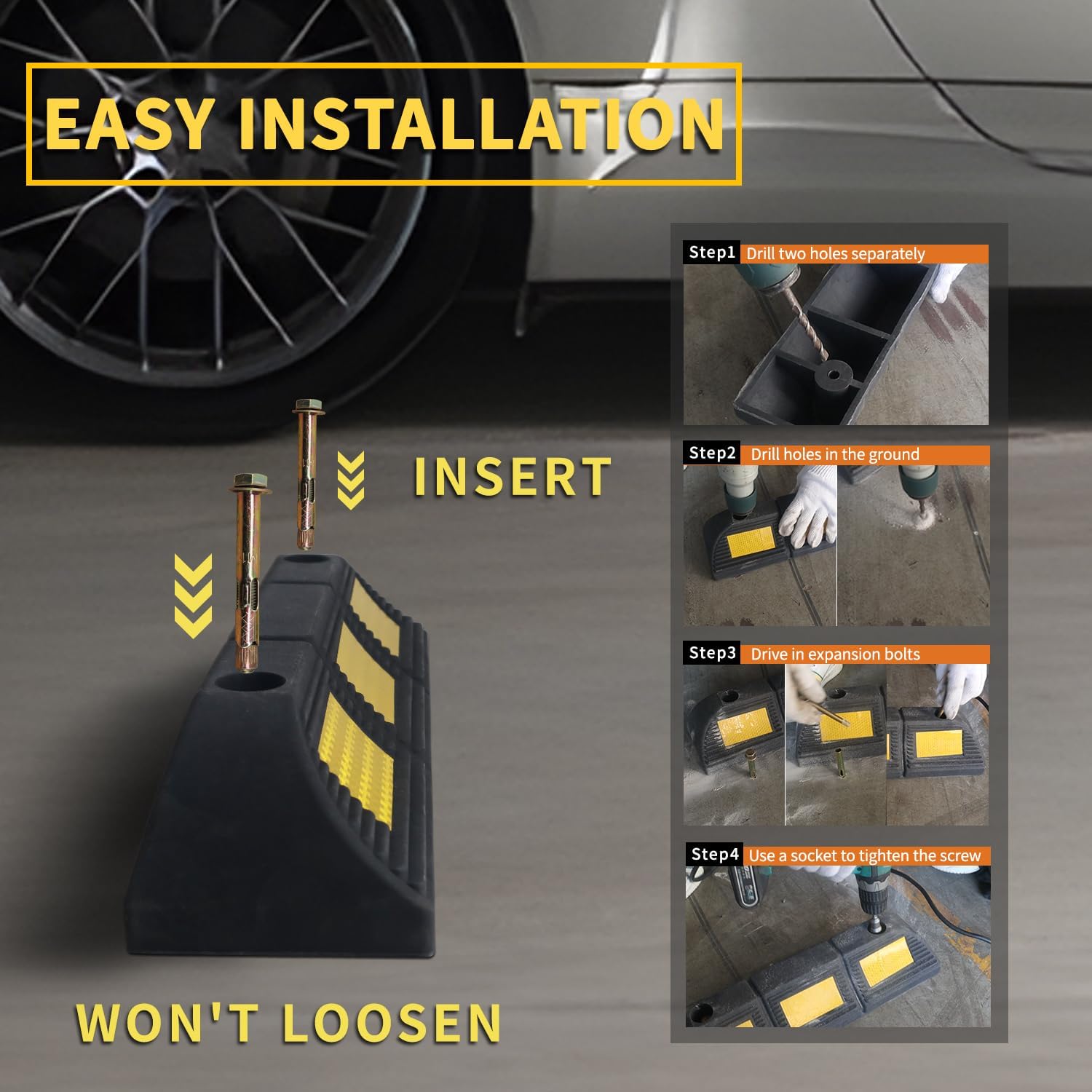 Heavy Duty Rubber Parking Stopper 2 Pack | 17.2"x4.6"x3.5" High Visibility Tire Parking Blocks with Bolt Mounting