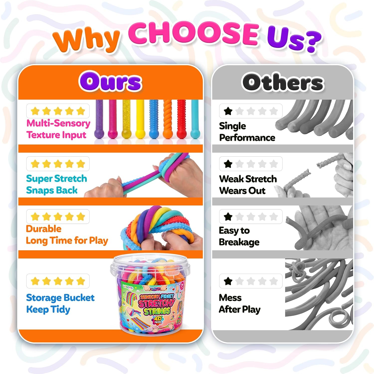 Fidget Sensory Toys for Kids, 40 Pack Textured Sensory Stretchy Noodles, Calm Down Stress Toys for Autism ADHD, Quiet