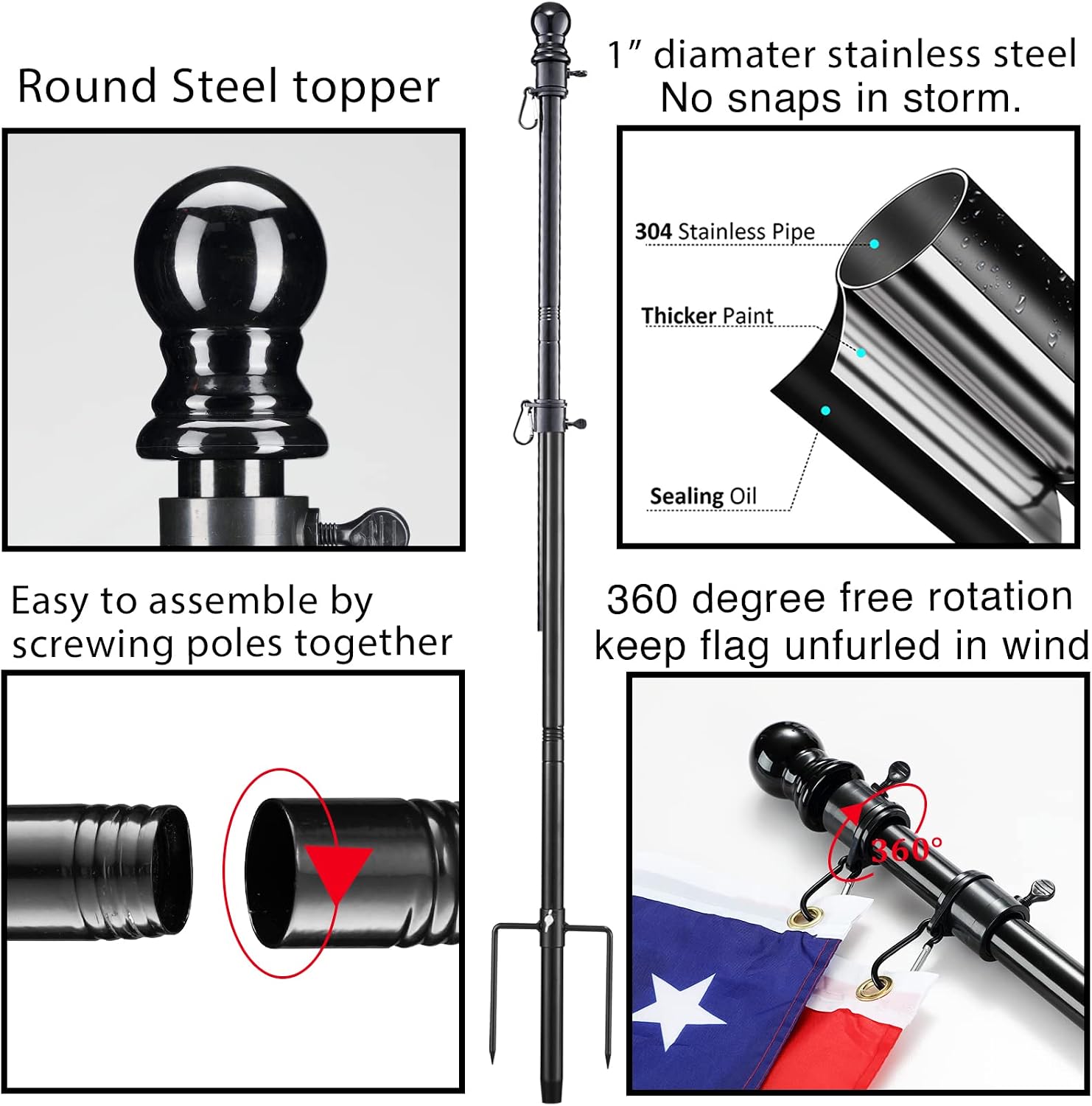 Ground Flag Poles for Outside House inground, Black Outdoor Flag Pole Kit with American Flag, 8ft Portable Yard