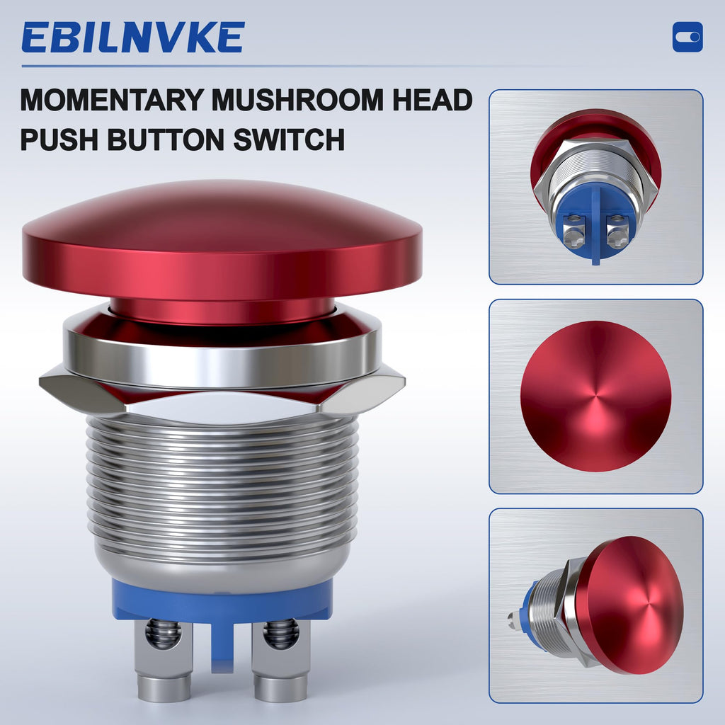 EBILNVKE 22mm Mushroom Head Momentary Push Button Switch, SPST 1NO