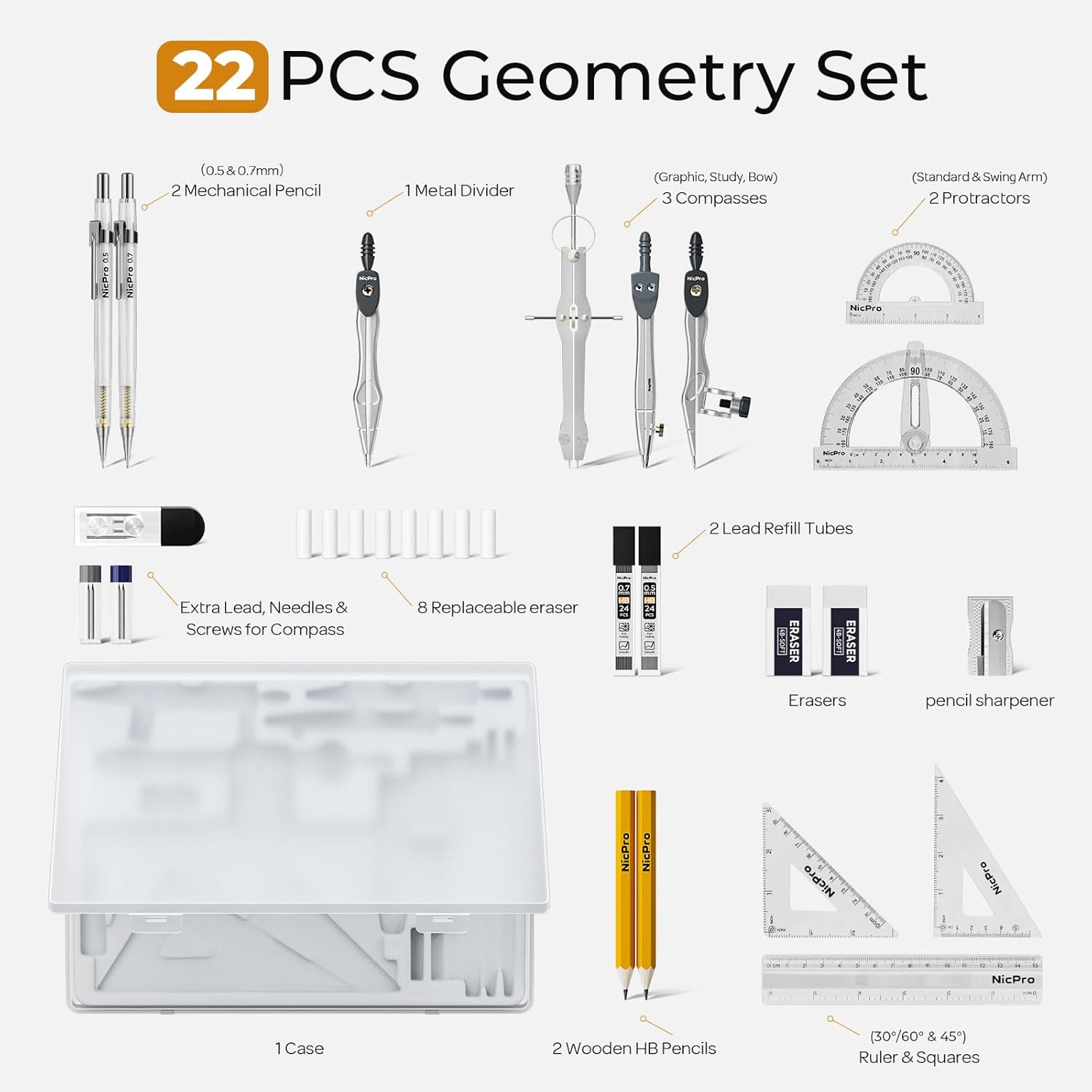 22 PCS Compass Geometry Tools with Case, Drafting Tools Geometry Set with Swing Arm Protractor, Rulers, Metal