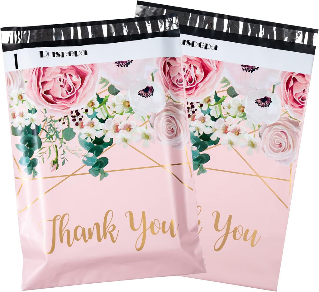 Poly Mailers Shipping Bags Thank You Notes Flowers Surrounded 3 Mil Heavy Duty Self Seal Mailing Envelopes - Pink, 12