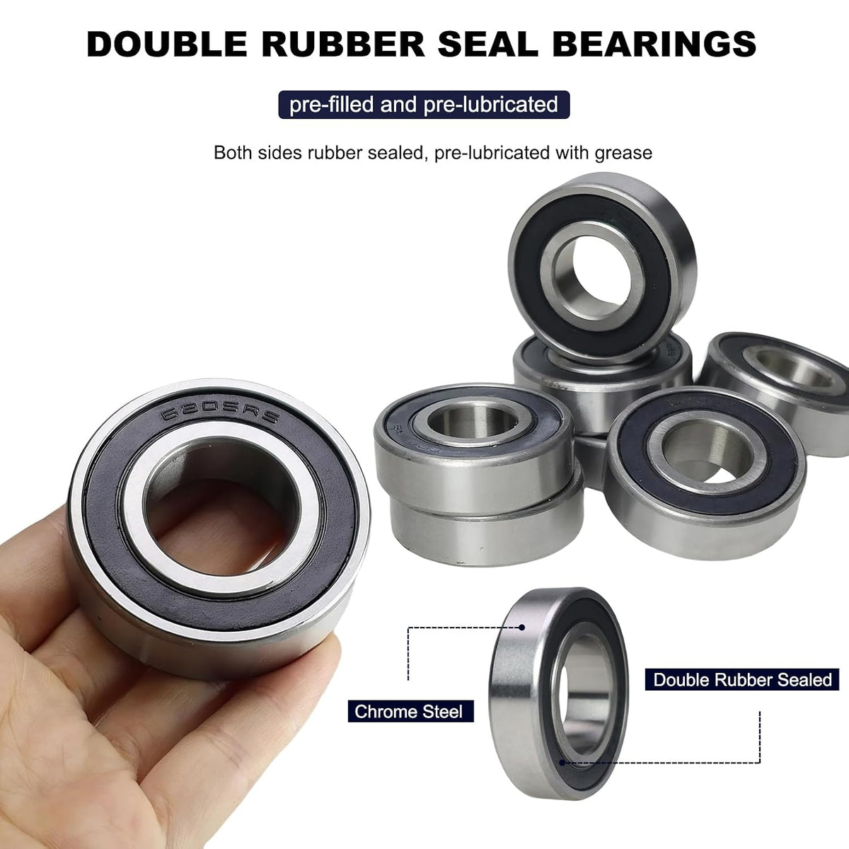 10 Pack 6205-2RS Double Rubber Seal Deep Groove Ball Bearings 25x52x15mm Pre-Lubricated and Stable Performance and Cost Effective Bearings (6205-RS)