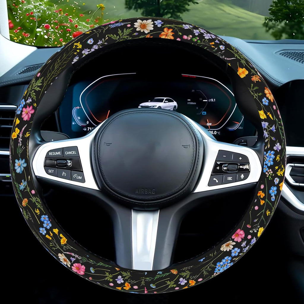 Wildflower Car Steering Wheel Cover, Flower Car Accessory for Diverse Cars, Cute Floral Print Steering Wheel Cover