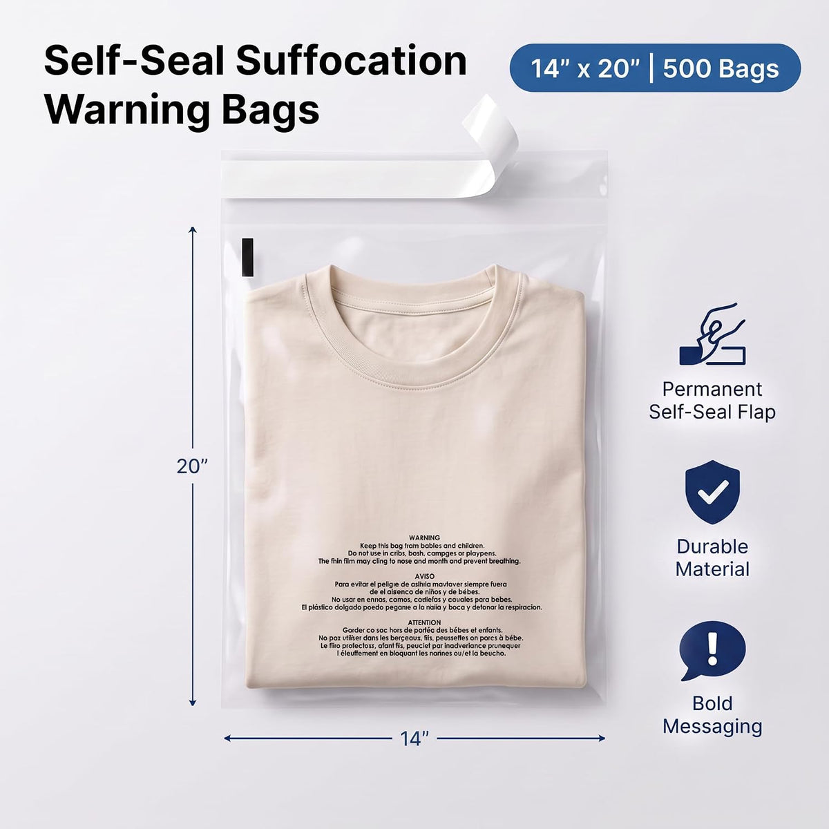 14" X 20" (500 Count) Self Seal Clear Poly Bags with Suffocation Warning