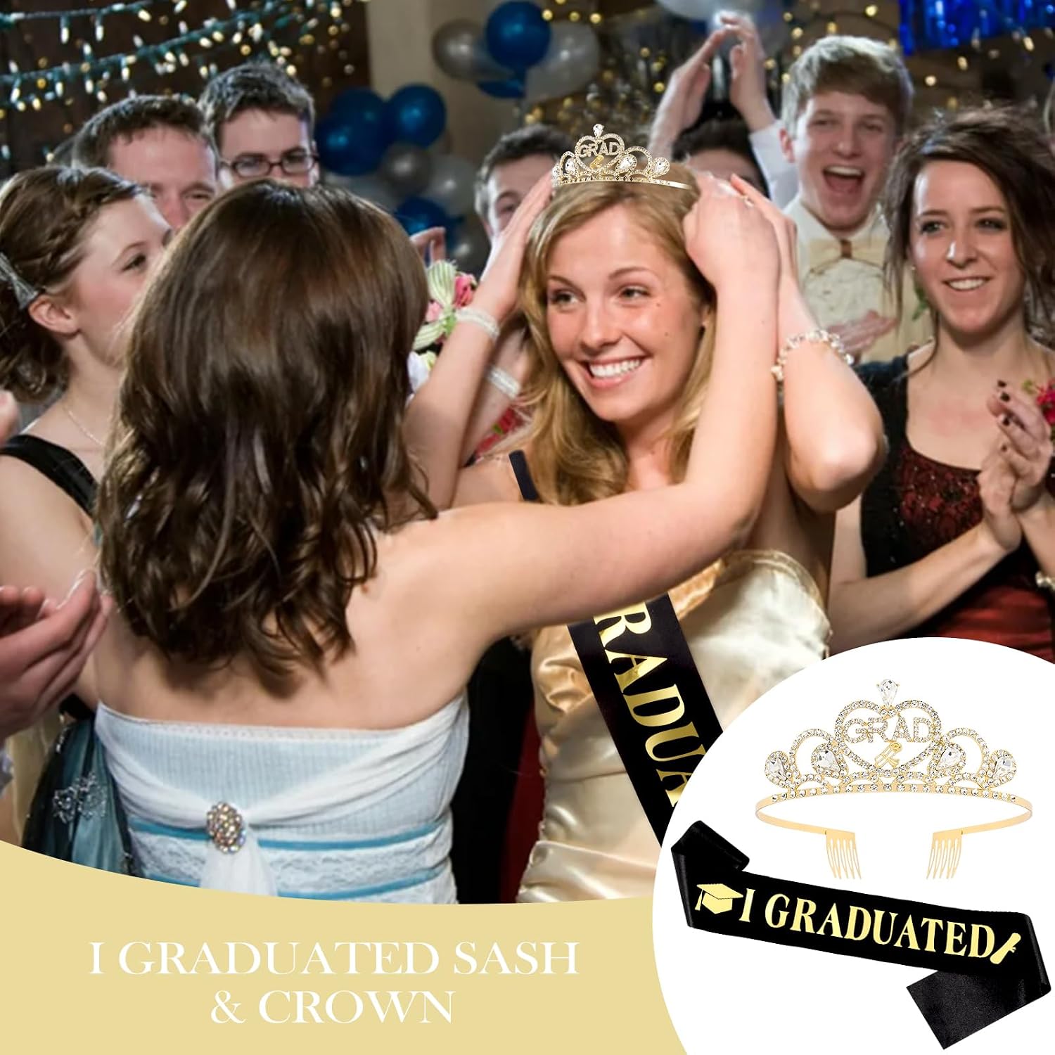 Gold GRAD Crown and I GRADUATED Sash Set Gold Graduation Decorations Graduate Tiara and Sash Class Of 2026 Regalia
