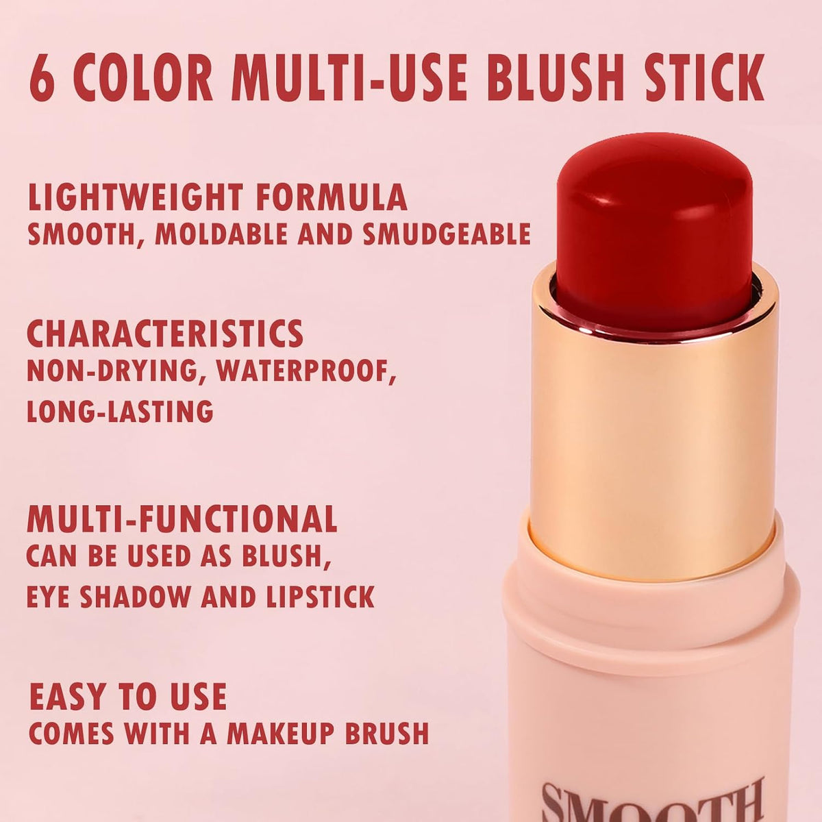 Hot Red Monochromatic Cream Blush Stick for Cheek, Eyeshadow, Lip, 0.28oz