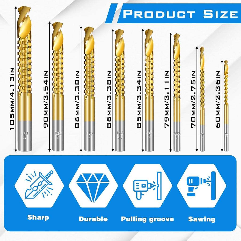 12PCS 3-8mm Titanium Coated Drill Bit Set, HSS Twist Side Cutting Drill Bit