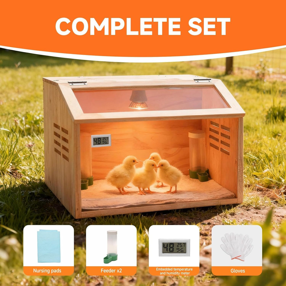 Wooden Chick Brooder Box with Heat Lamp and Thermometer, 15.7 x 12 x 12 in