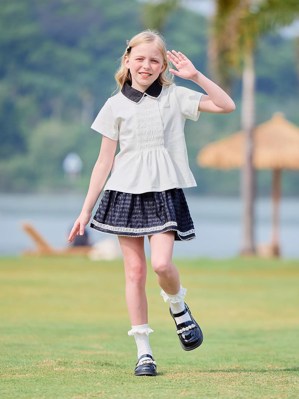Girls White Polo Shirt with Black Peter Pan Collar and Lace Trim,Uniform Style for 6–16Y