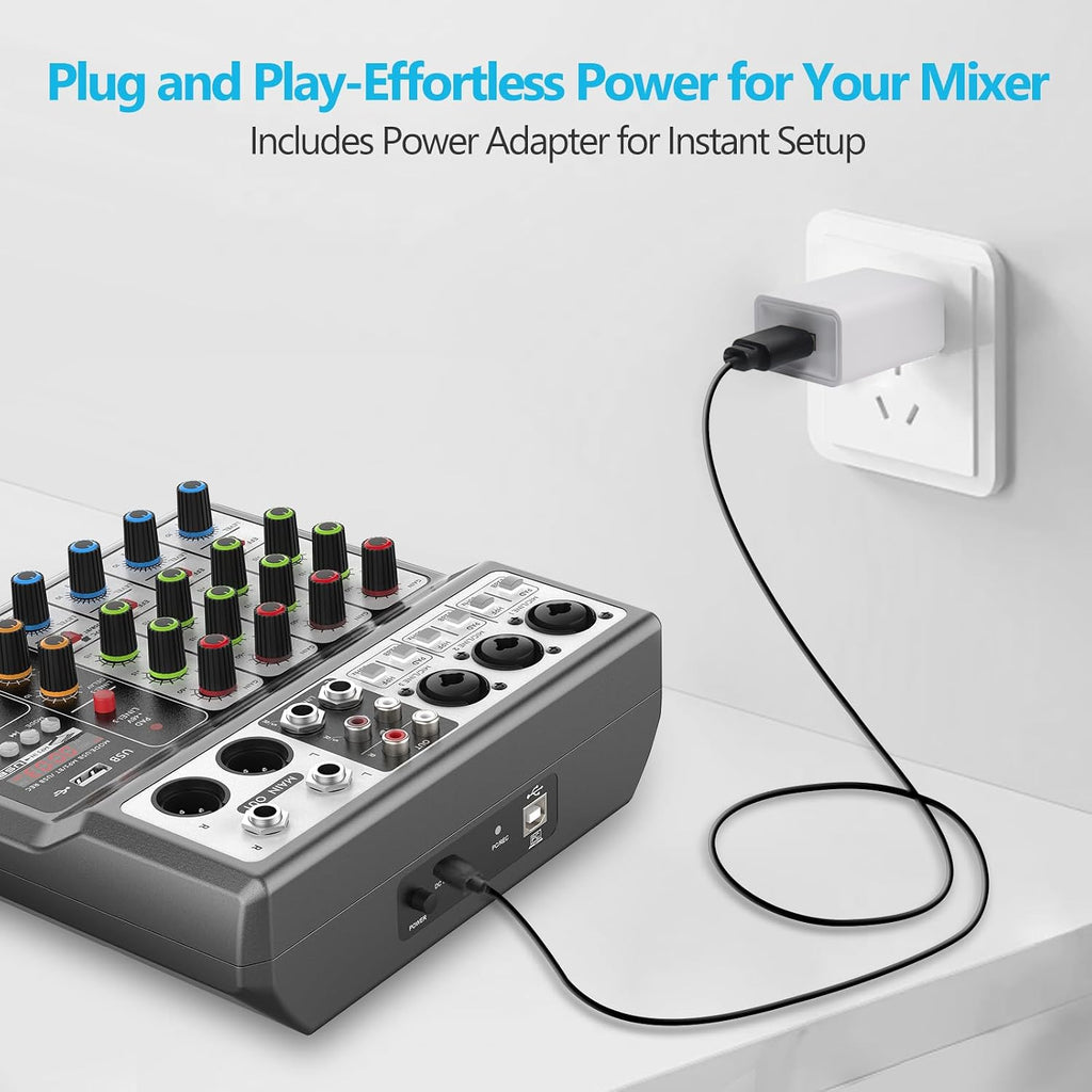 5 Channel Audio Mixer, Built-in PC Recording Interface Sound Board | 48V Phantom Power, Bluetooth&USB Playback, Echo