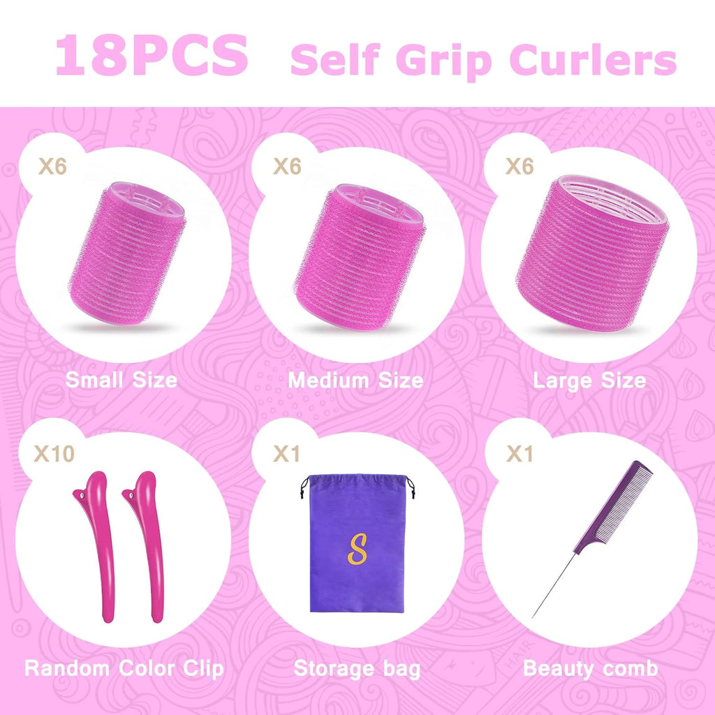 Self Grip Hair Rollers Set, 18 Rollers in 3 Sizes with Clips | Includes 10 Clips, Rat Tail Comb and Storage Bag; Adds