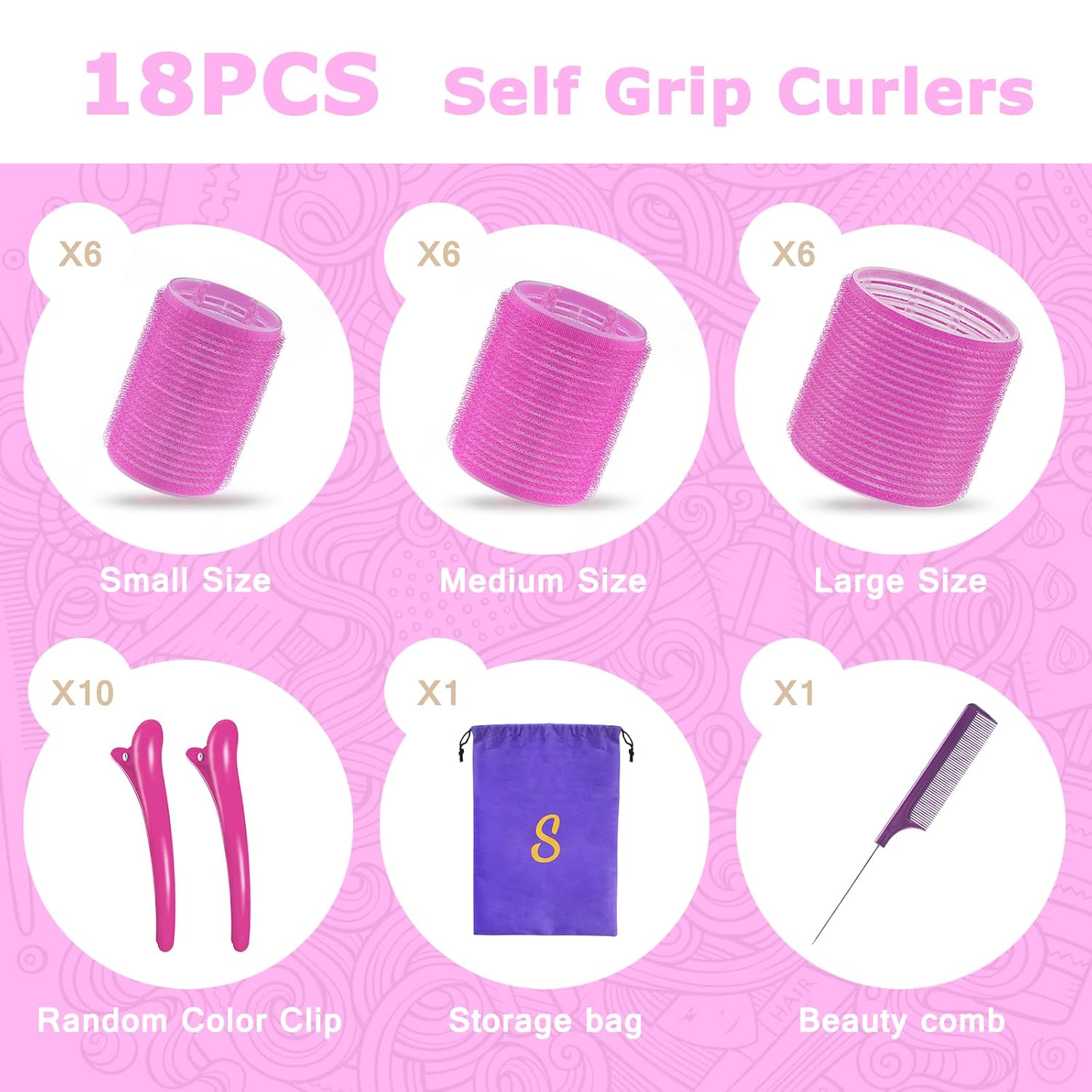Self Grip Hair Rollers Set, 18 Rollers in 3 Sizes with Clips | Includes 10 Clips, Rat Tail Comb and Storage Bag; Adds