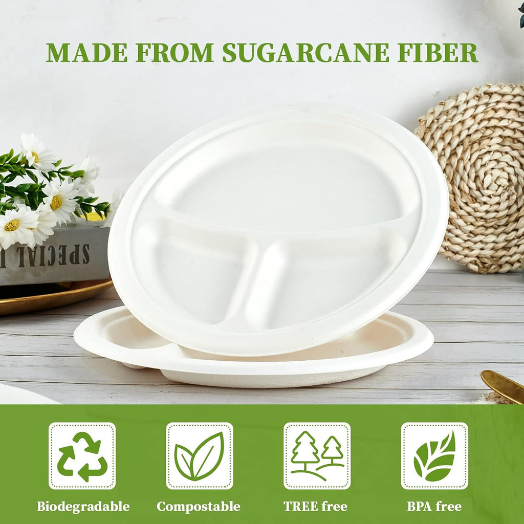 Compostable Disposable 3 Compartment Paper Plates, 10 inch, White