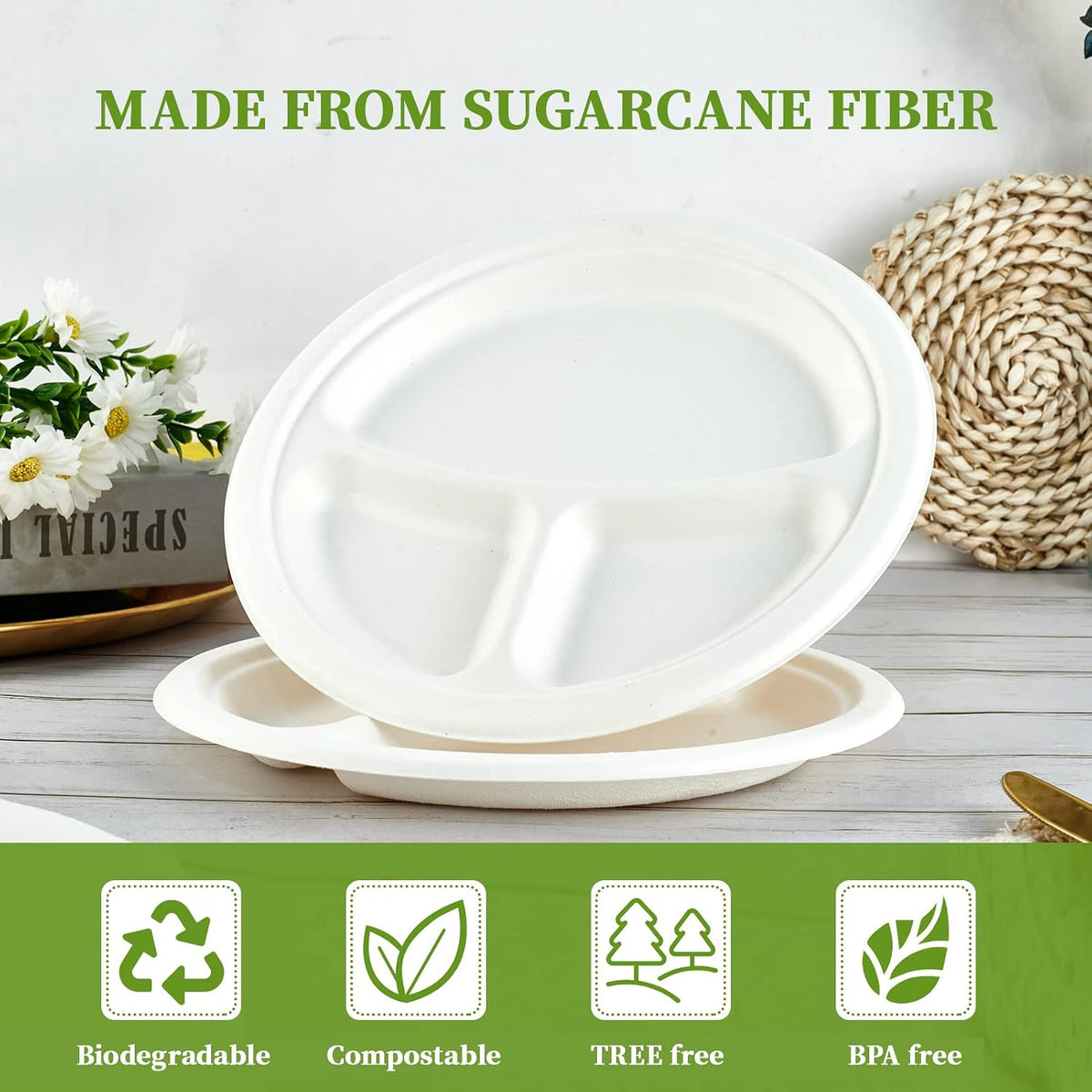 Compostable Disposable 3 Compartment Paper Plates, 10 inch, White