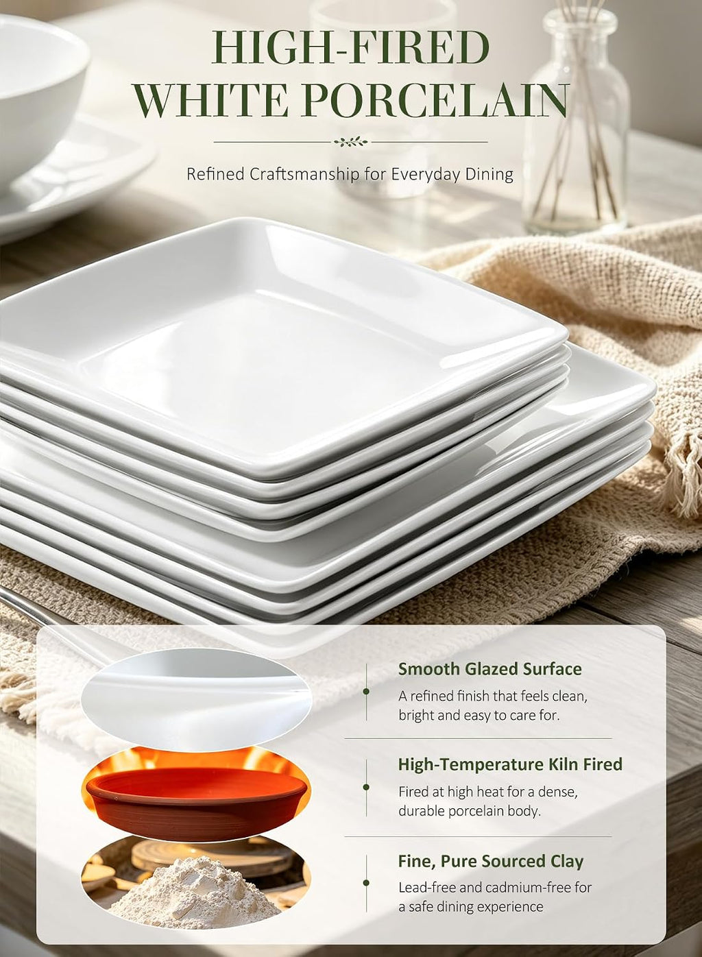 Porcelain Square Dinner Plates, 10.75 & 8.4 Inch White Plate Set of 8