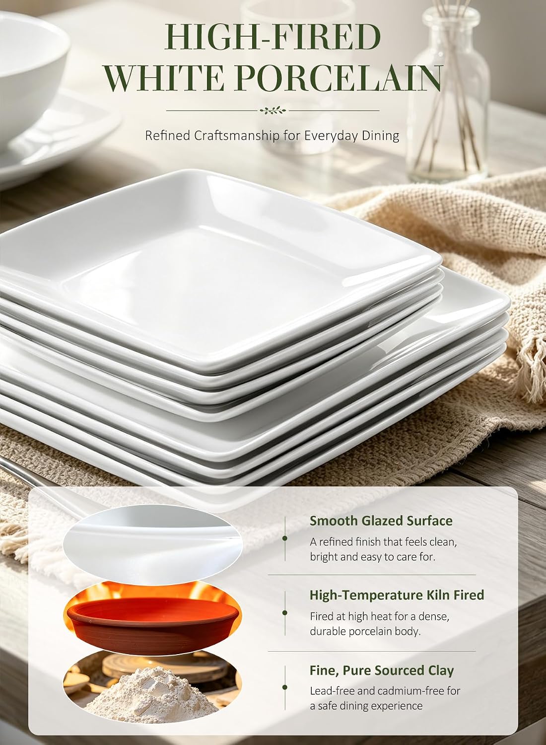 Porcelain Square Dinner Plates, 10.75 & 8.4 Inch White Plate Set of 8