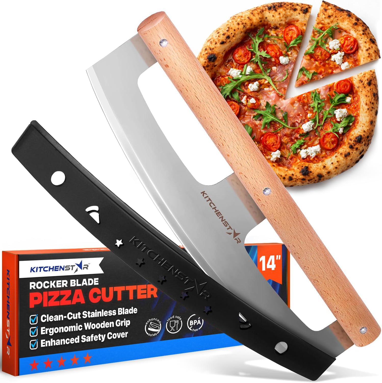 14-Inch Pizza Cutter Rocker Blade - Razor Sharp Stainless Steel Slicer Knife, Stylish Beech Wood Handle, Protective