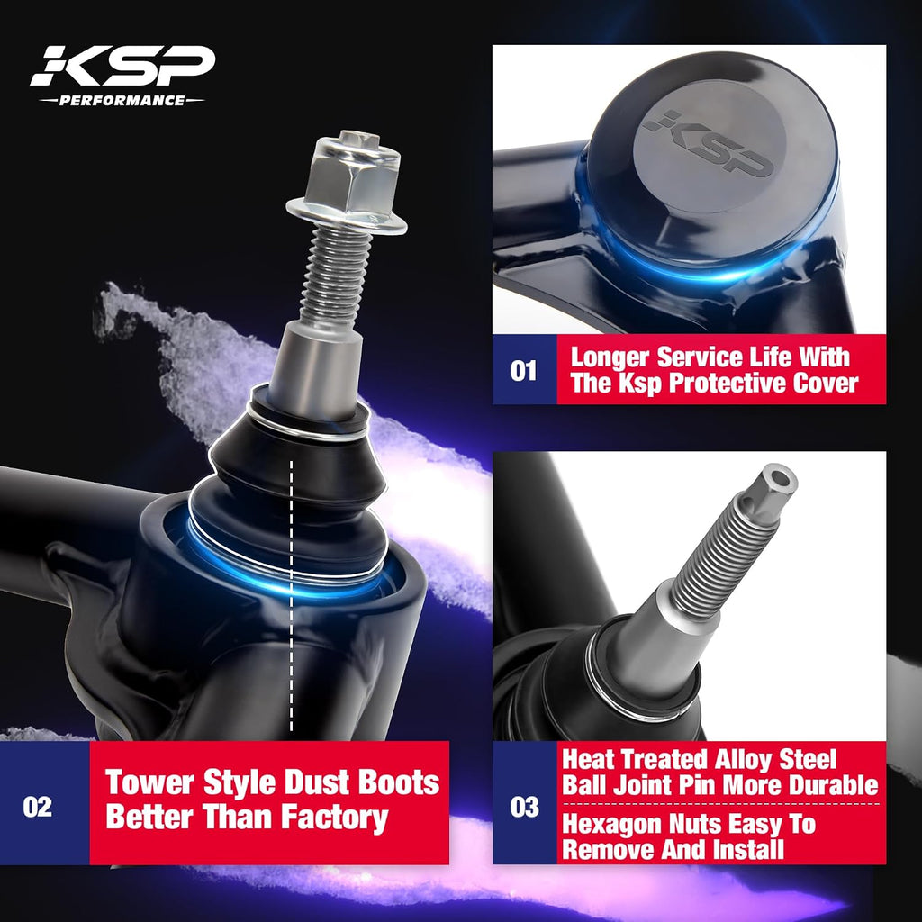 KSP Front Upper Control Arms for Chevy Silverado 1500 2019-2026, 2-4" Adjustable Front UCA in 3pcs Ball Joints for 2019+ GMC Sierra 1500 Truck, Aftermarket Lift Suspension Arms with Rubber Bushing