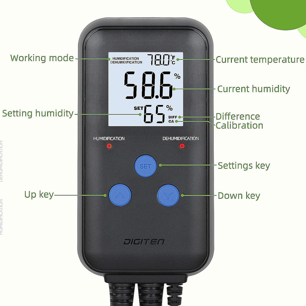 Humidity Controller with Temperature Display for Reptile, Mushroom | Pre-Wired Digital Humidistat, Dual-Stage Outlet