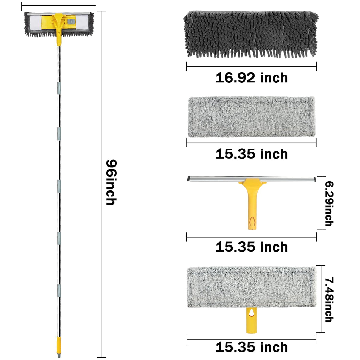 96" Long Handle Window Wall Cleaner Tool with Extension Pole,2 in 1 Large Window Squeegee with Cleaning Mop Tools Kit