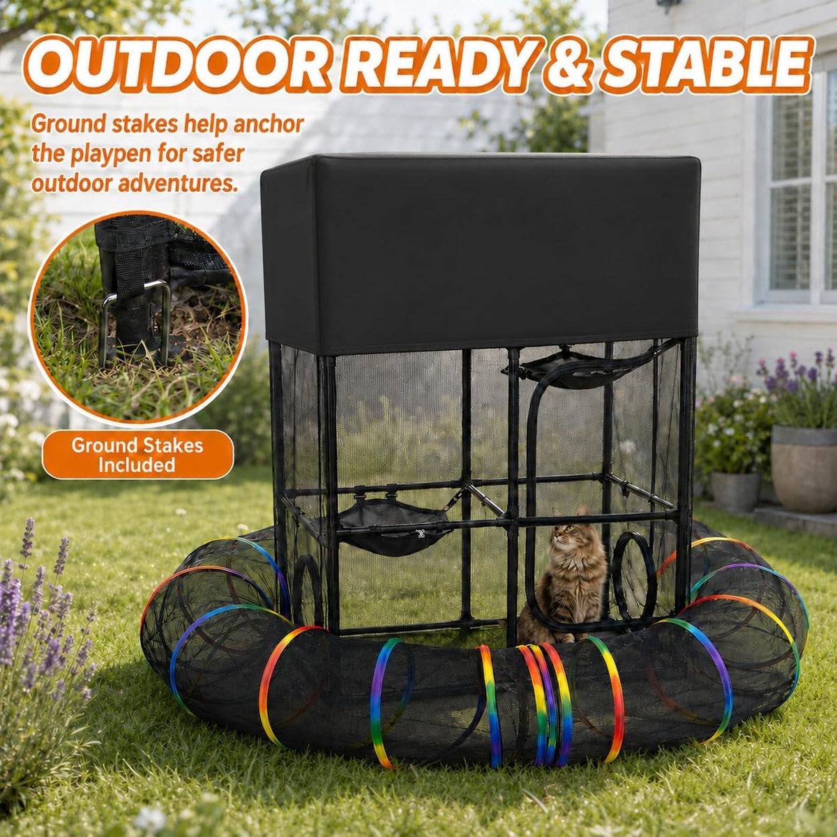 Catio Rainbow Outdoor Cat Enclosure with 113" Curved Tunnel, 35" x 18.5" x 51.5" Indoor Outdoor Cat Playpen
