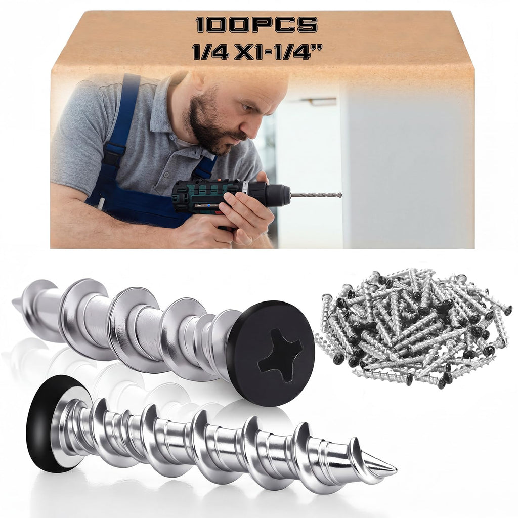 100 Pcs Drywall Anchors 1/4 X 1-1/4 Inch Black Self Drilling Screws