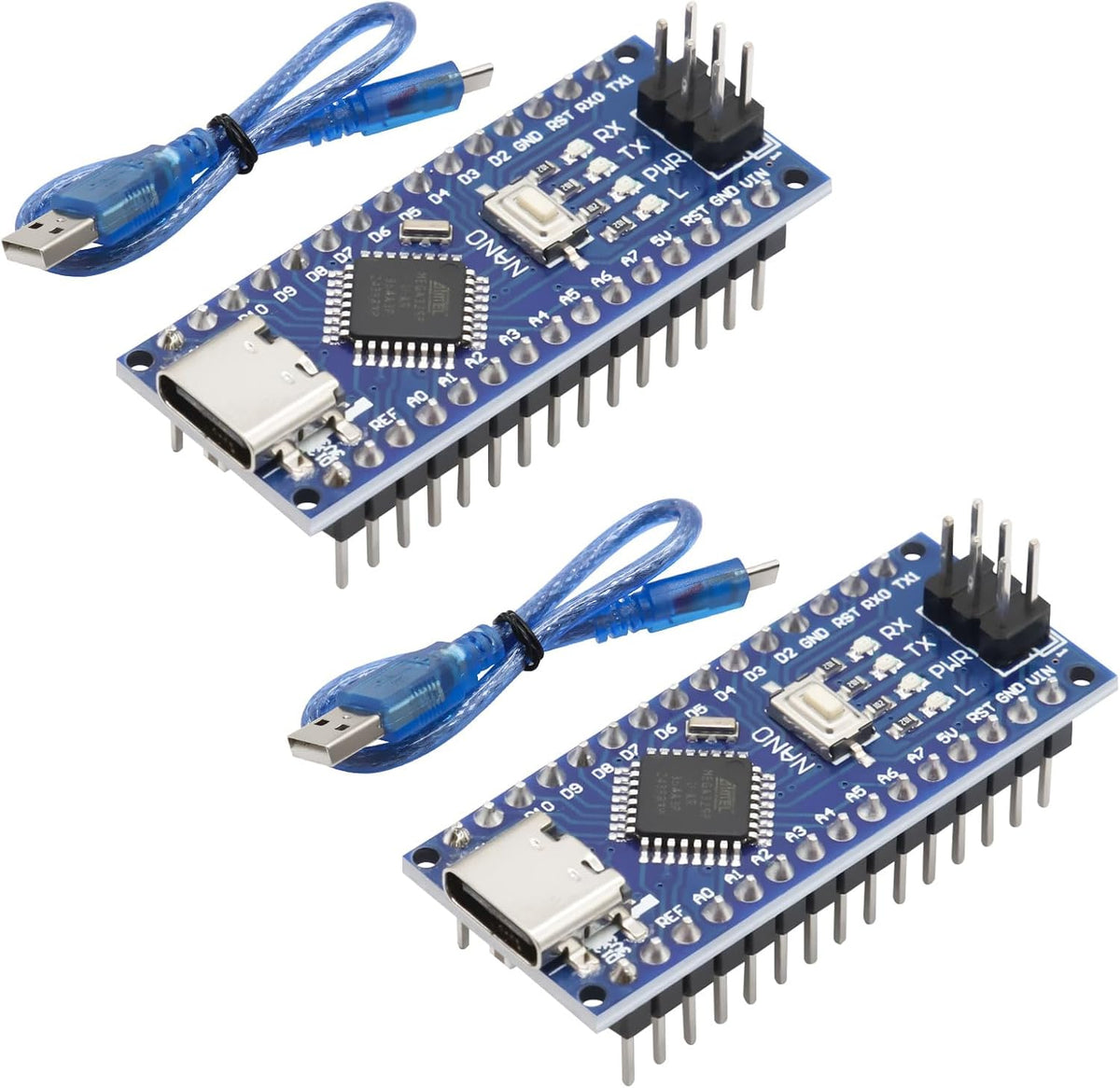 2Pcs Nano V3.0 Board ATmega328P/CH340G Chip Microcontroller Kit Compatible with Arduino IDE/PWM/SPI 5V 16M(USB C Port with 2Pcs USB Cable)