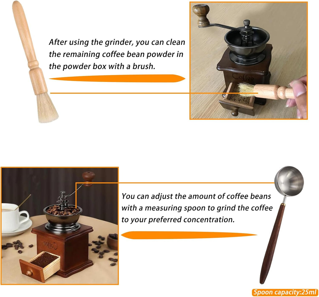 Retro style wooden handcrafted coffee grinder, ceramic hand-cranked crank, wooden handcrafted coffee grinder cleaning